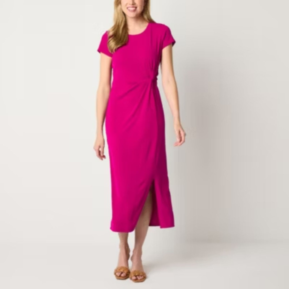 Liz Claiborne Womens Maxi Dress Medium Pink Waist Knot Stretch Plisse Brunch